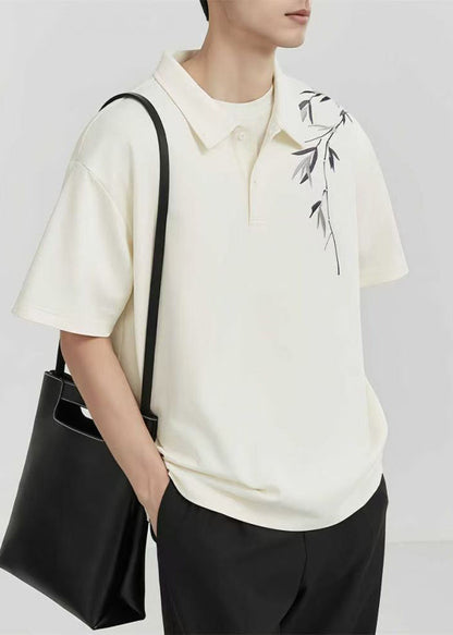 Loose Cotton Mens Apricot Shirt Polo Button Print Summer