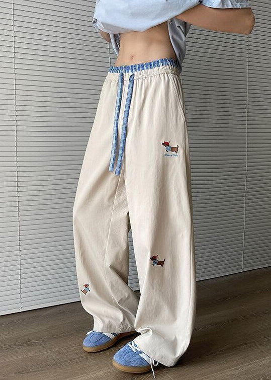 Embroideried Apricot Drawstring Mens Pockets Loose Pants Cotton