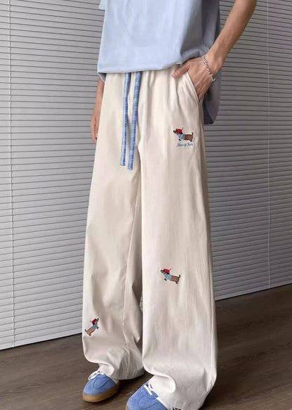 Embroideried Apricot Drawstring Mens Pockets Loose Pants Cotton