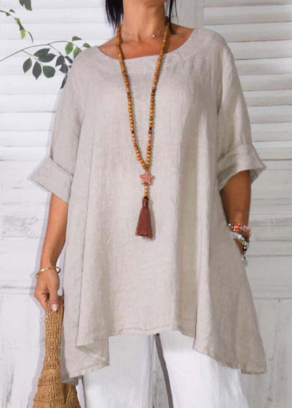 Loose Apricot O Neck Pockets Linen T Shirts Half Sleeve GEM565