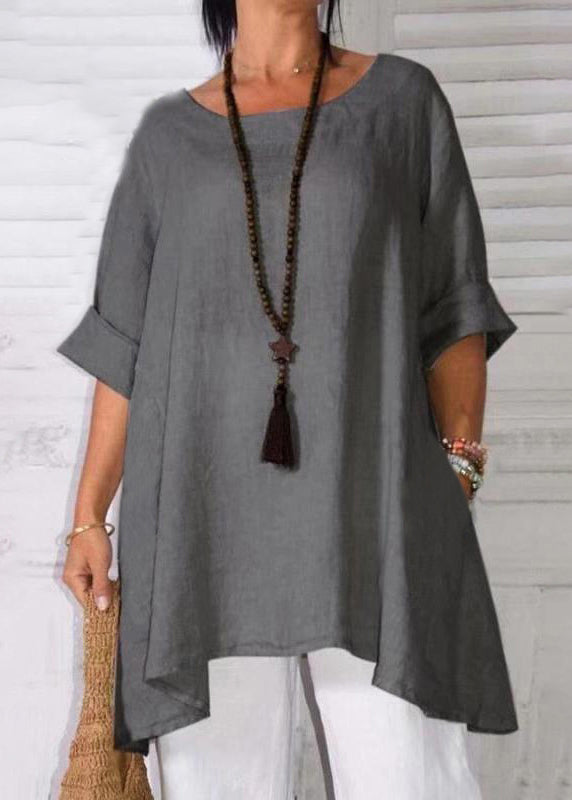 Loose Apricot O Neck Pockets Linen T Shirts Half Sleeve GEM565