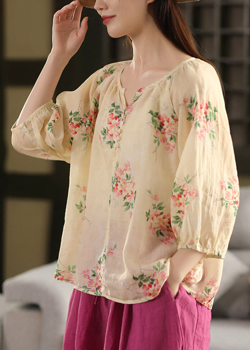 Loose Blouses Thin Apricot Button Print Linen Summer