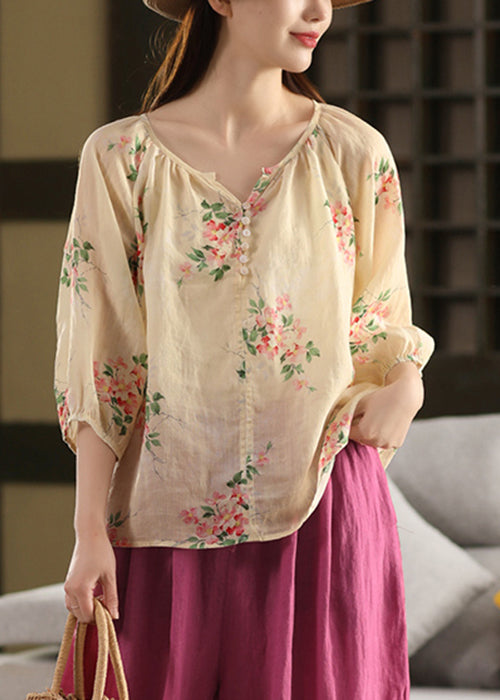 Loose Blouses Thin Apricot Button Print Linen Summer