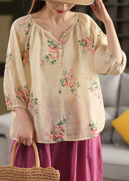 Loose Blouses Thin Apricot Button Print Linen Summer