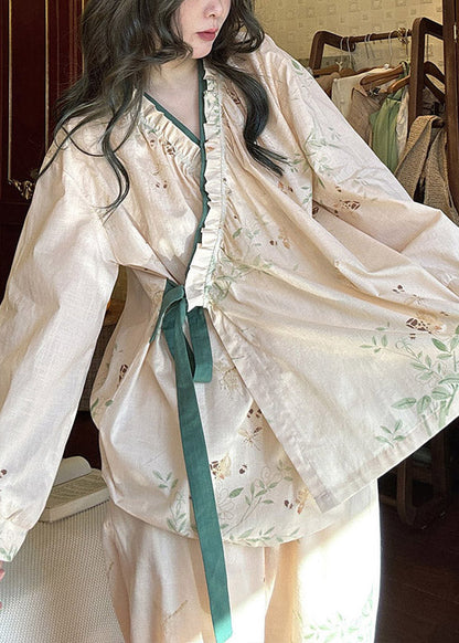 Loose Lace Up Print Pieces Pajamas Apricot Two Cotton Set Ruffled