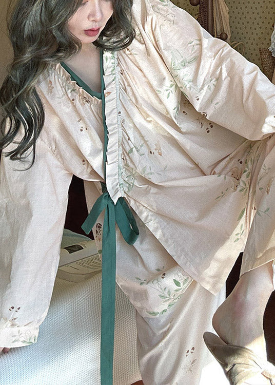 Loose Lace Up Print Pieces Pajamas Apricot Two Cotton Set Ruffled