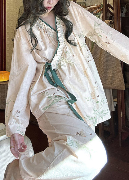 Loose Lace Up Print Pieces Pajamas Apricot Two Cotton Set Ruffled