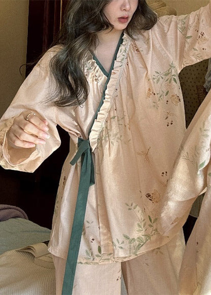 Loose Lace Up Print Pieces Pajamas Apricot Two Cotton Set Ruffled