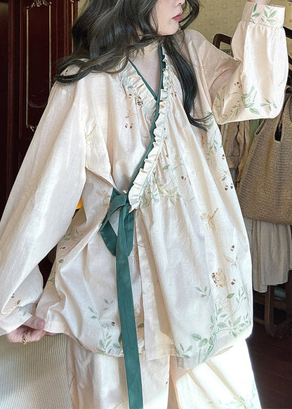 Loose Lace Up Print Pieces Pajamas Apricot Two Cotton Set Ruffled