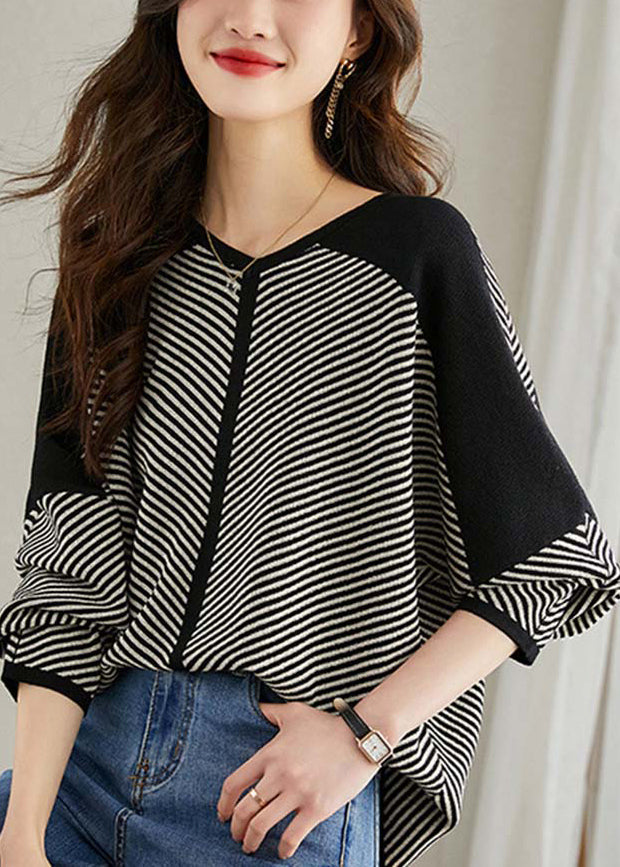 V Patchwork Apricot Loose Neck Striped Sweaters Spring Knit