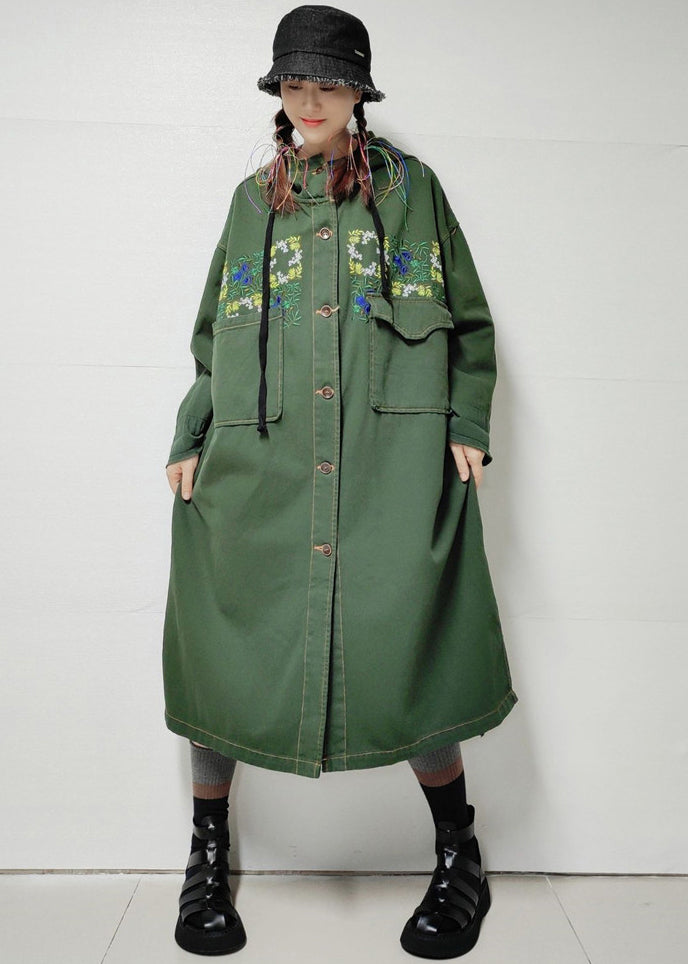 Trench-coat long en denim avec poches à capuche vert armée ample automne MN038