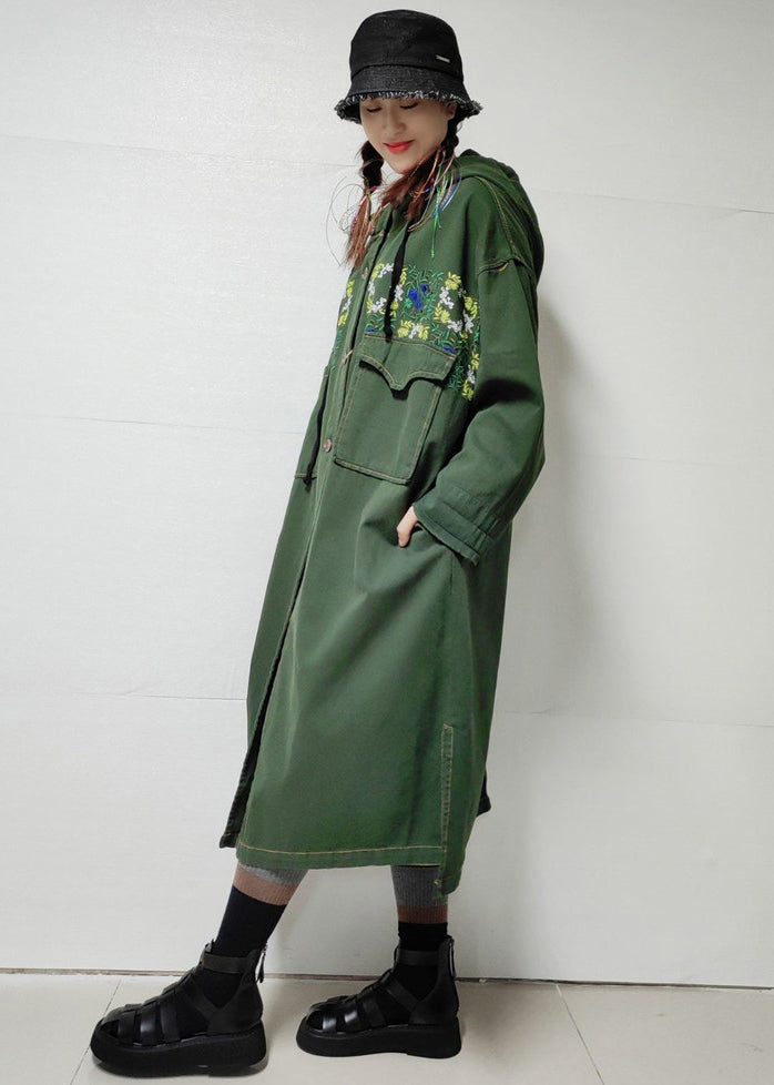 Trench-coat long en denim avec poches à capuche vert armée ample automne MN038