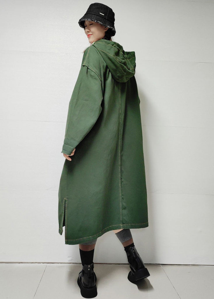 Trench-coat long en denim avec poches à capuche vert armée ample automne MN038