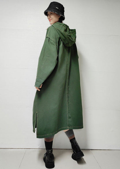 Trench-coat long en denim avec poches à capuche vert armée ample automne MN038