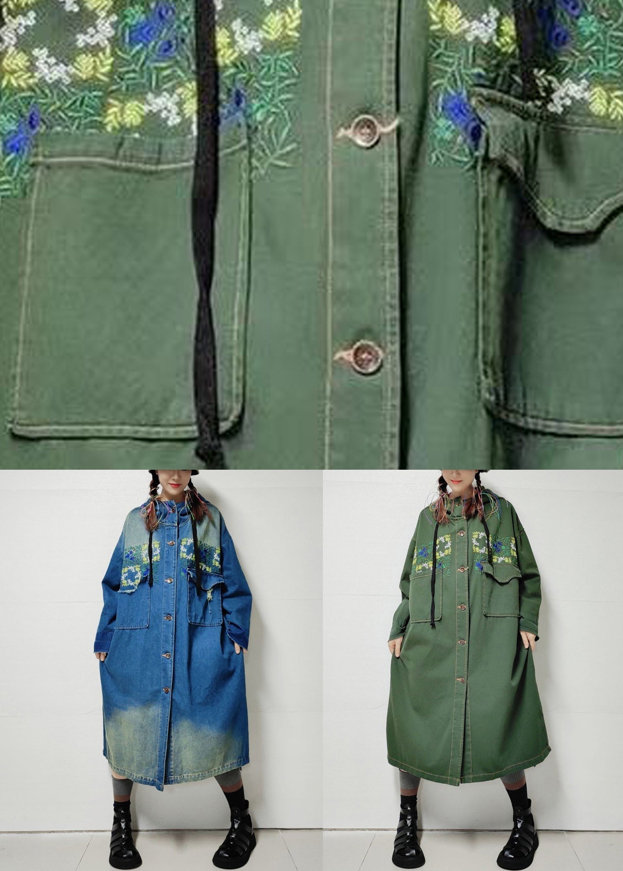 Trench-coat long en denim avec poches à capuche vert armée ample automne MN038