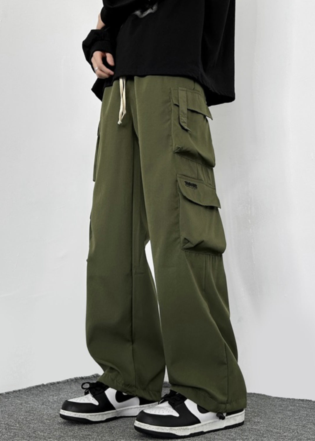 Drawstring Green Cotton Pockets Loose Army Mens Casual Pants
