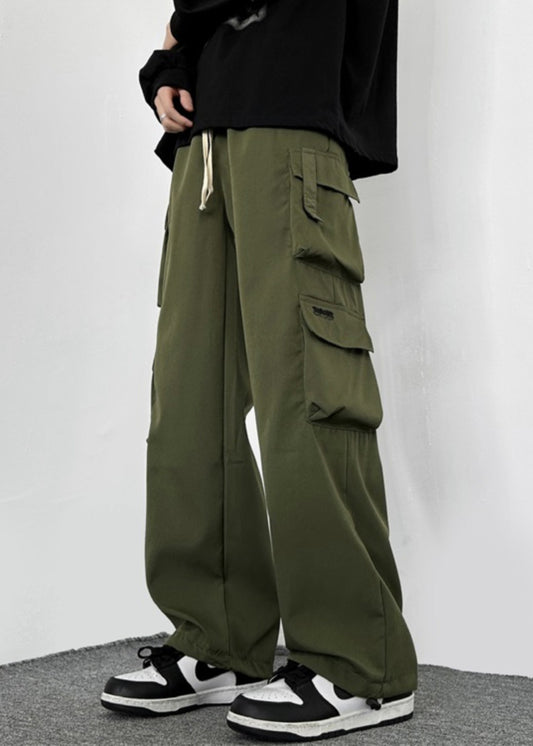 Drawstring Green Cotton Pockets Loose Army Mens Casual Pants