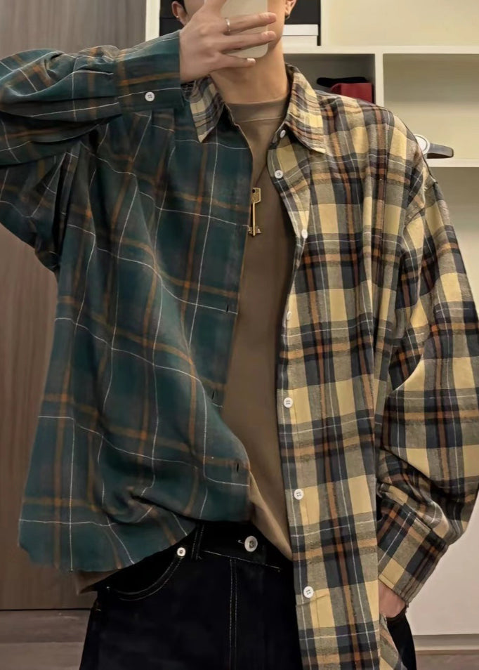 Mens Button Plaid Cotton Shirts Spring Loose Asymmetrical