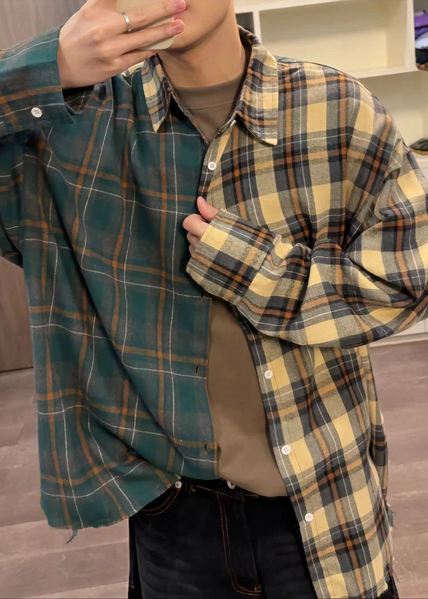 Mens Button Plaid Cotton Shirts Spring Loose Asymmetrical