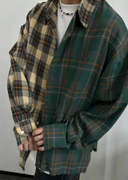 Mens Button Plaid Cotton Shirts Spring Loose Asymmetrical