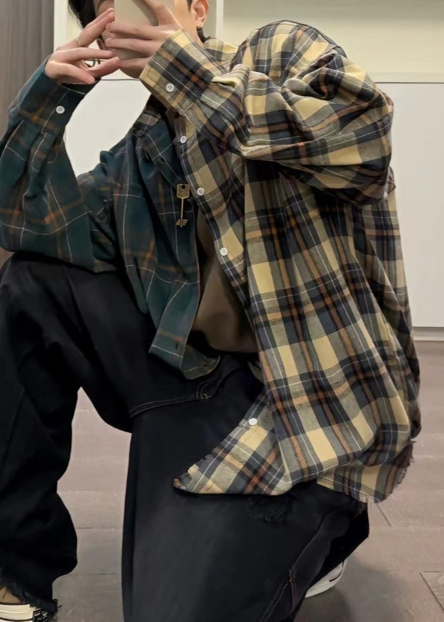 Mens Button Plaid Cotton Shirts Spring Loose Asymmetrical