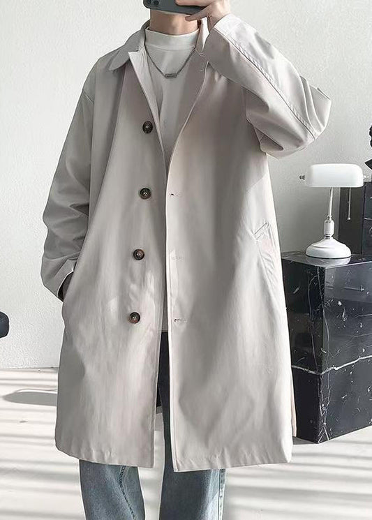 Loose Beige Button Pockets Side Open Cotton Mens Coat Spring YQ008