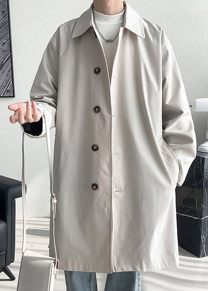 Loose Beige Button Pockets Side Open Cotton Mens Coat Spring YQ008