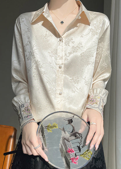 Button Embroidered Beige Fall Shirt Silk Loose