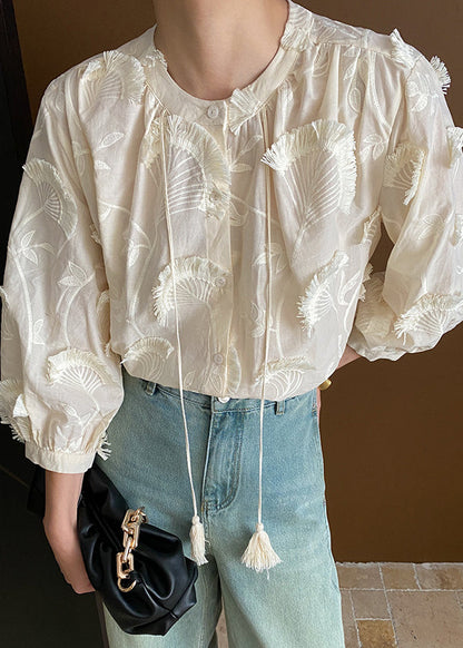 Loose Lace Embroidered Tasseled Blouses Up Beige Cotton Bracelet