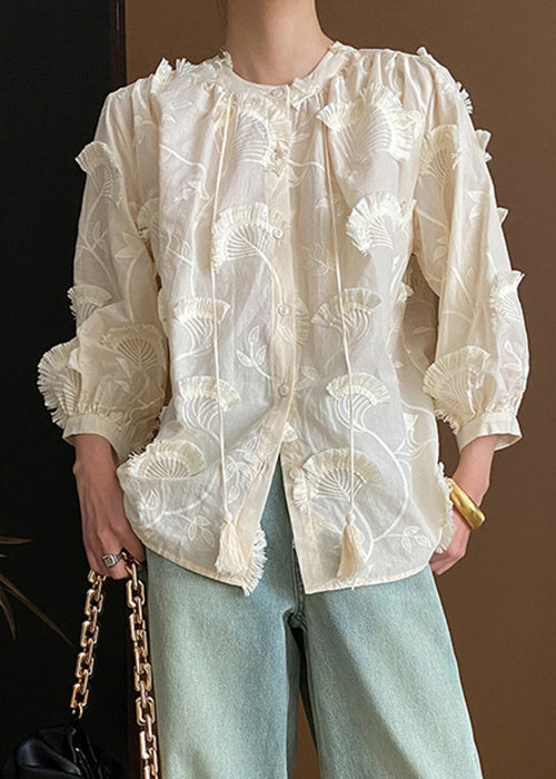 Loose Lace Embroidered Tasseled Blouses Up Beige Cotton Bracelet