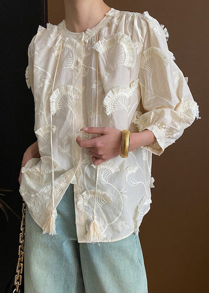 Loose Lace Embroidered Tasseled Blouses Up Beige Cotton Bracelet