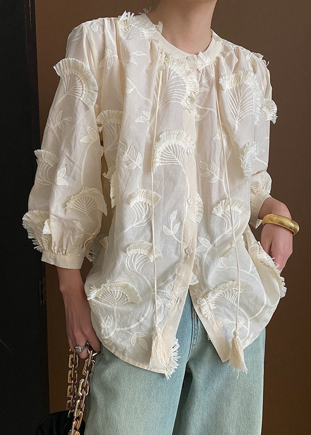 Loose Lace Embroidered Tasseled Blouses Up Beige Cotton Bracelet