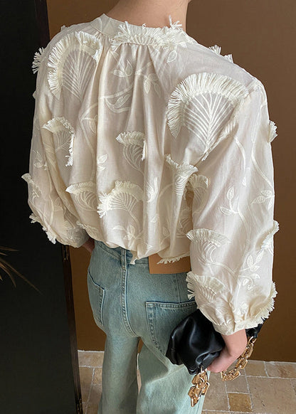 Loose Lace Embroidered Tasseled Blouses Up Beige Cotton Bracelet