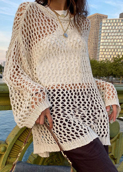 Out Knit Beige Sweater Hollow Solid Loose Summer