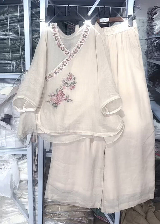 Set Two Lace Fall Loose Embroidered Pieces Neck Beige Linen O Up