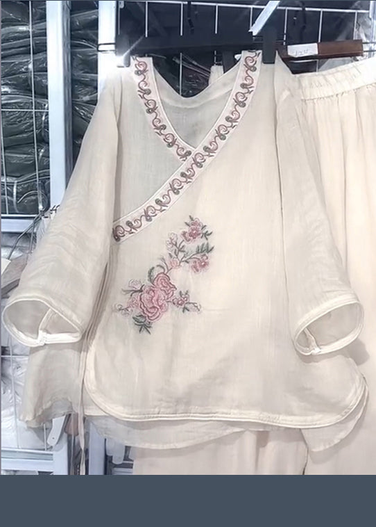 Set Two Lace Fall Loose Embroidered Pieces Neck Beige Linen O Up