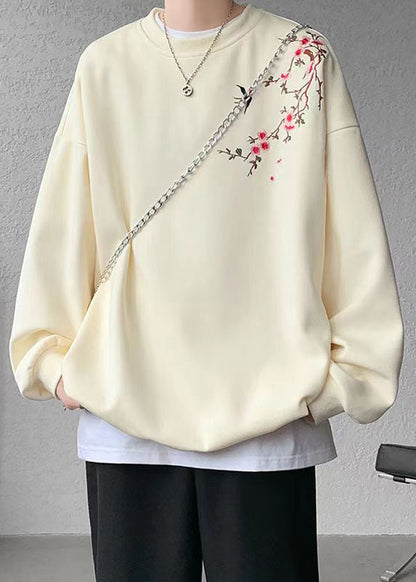 Lose Beige O Neck Embroideried Baumwolle Männer Pullover Sweatshirts Herbst WJ036