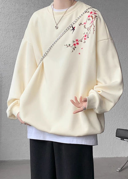 Lose Beige O Neck Embroideried Baumwolle Männer Pullover Sweatshirts Herbst WJ036