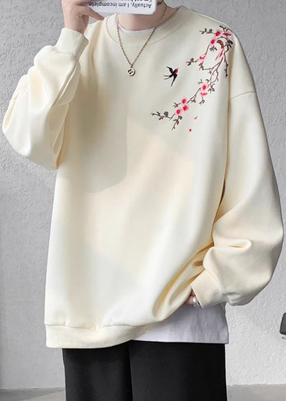 Lose Beige O Neck Embroideried Baumwolle Männer Pullover Sweatshirts Herbst WJ036