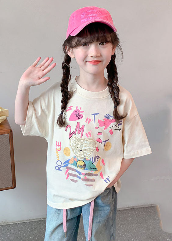 Loose Beige O-Neck Print Kids T Shirts Summer SS1012