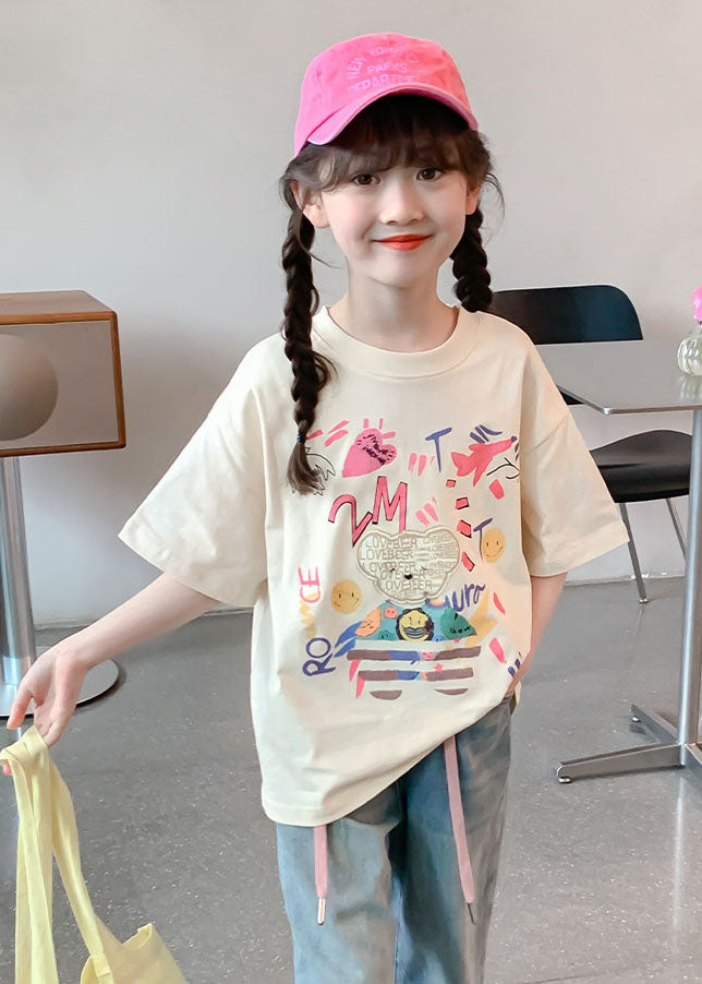 Loose Beige O-Neck Print Kids T Shirts Summer SS1012