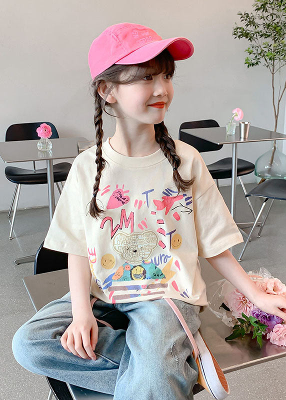 Loose Beige O-Neck Print Kids T Shirts Summer SS1012