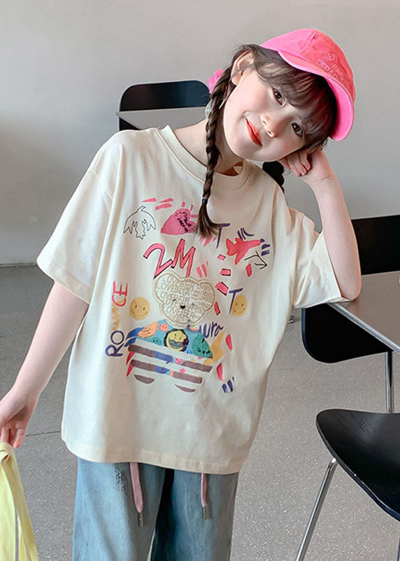 Loose Beige O-Neck Print Kids T Shirts Summer SS1012