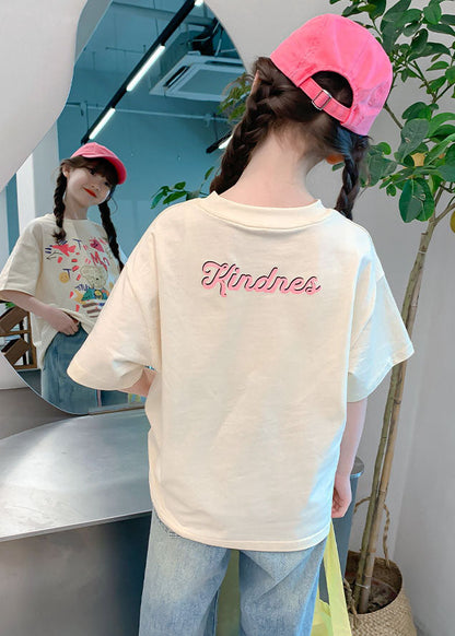 Loose Beige O-Neck Print Kids T Shirts Summer SS1012