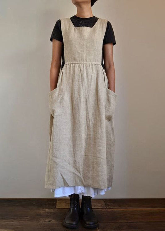 Loose Beige Pockets High Waist Linen Dress Sleeveless FF040