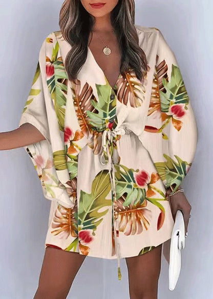 Lace Dresses Loose Cotton Sleeve Beige Print Up Batwing Mid