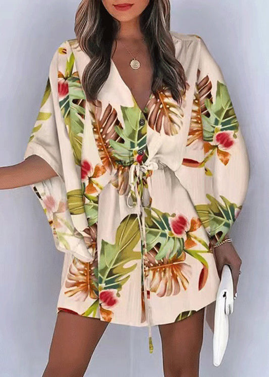 Lace Dresses Loose Cotton Sleeve Beige Print Up Batwing Mid