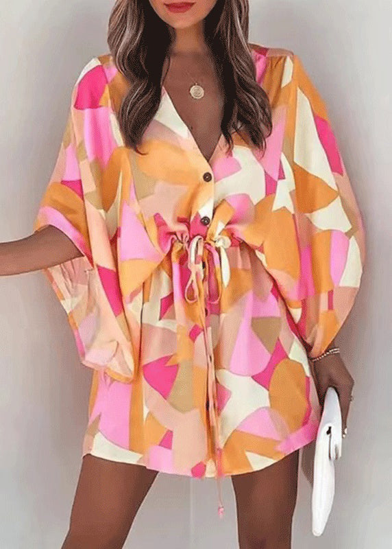 Lace Dresses Loose Cotton Sleeve Beige Print Up Batwing Mid
