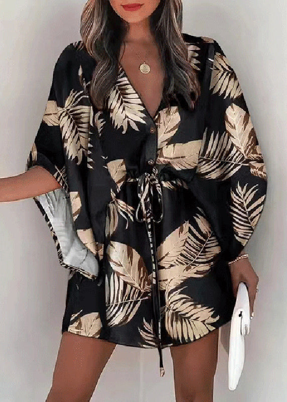 Lace Dresses Loose Cotton Sleeve Beige Print Up Batwing Mid