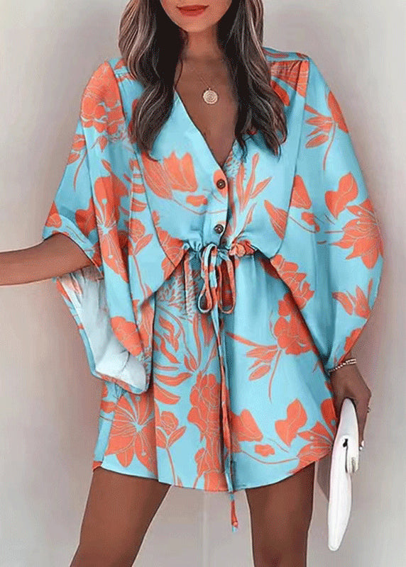 Lace Dresses Loose Cotton Sleeve Beige Print Up Batwing Mid